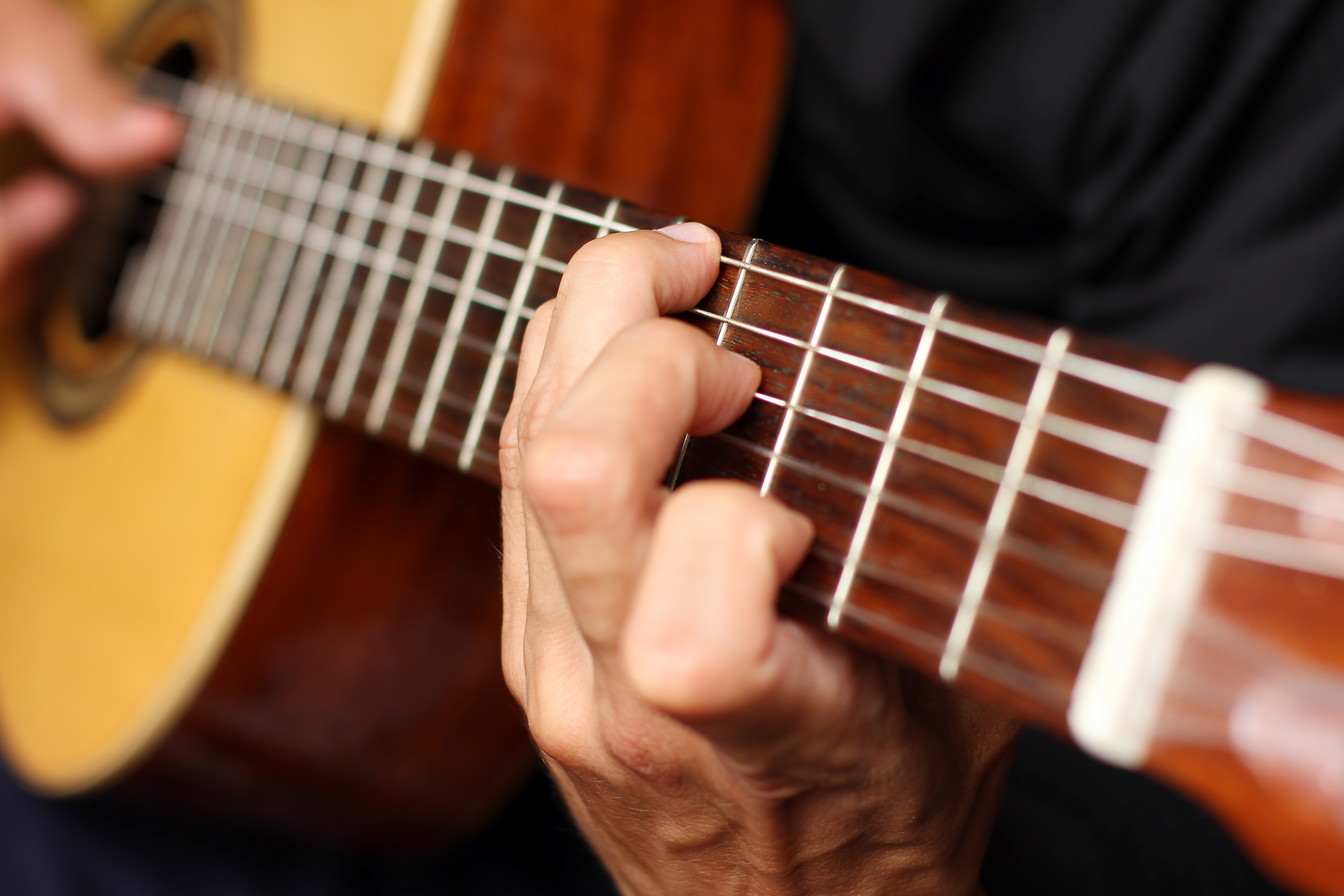 close up acoustic guitar in musician hands